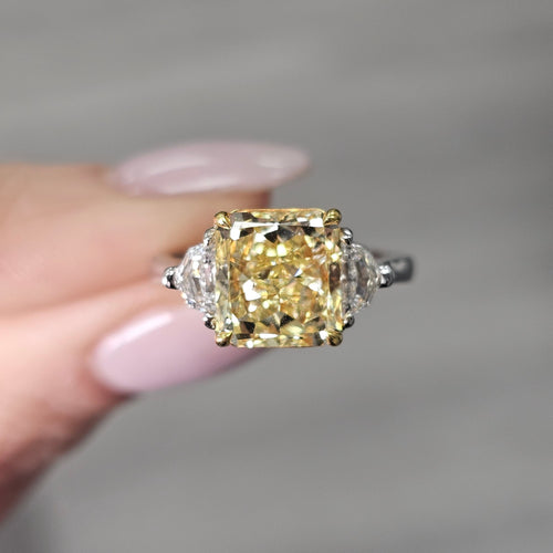 3 Carat Intense Yellow Radiant Diamond Three Stone Ring