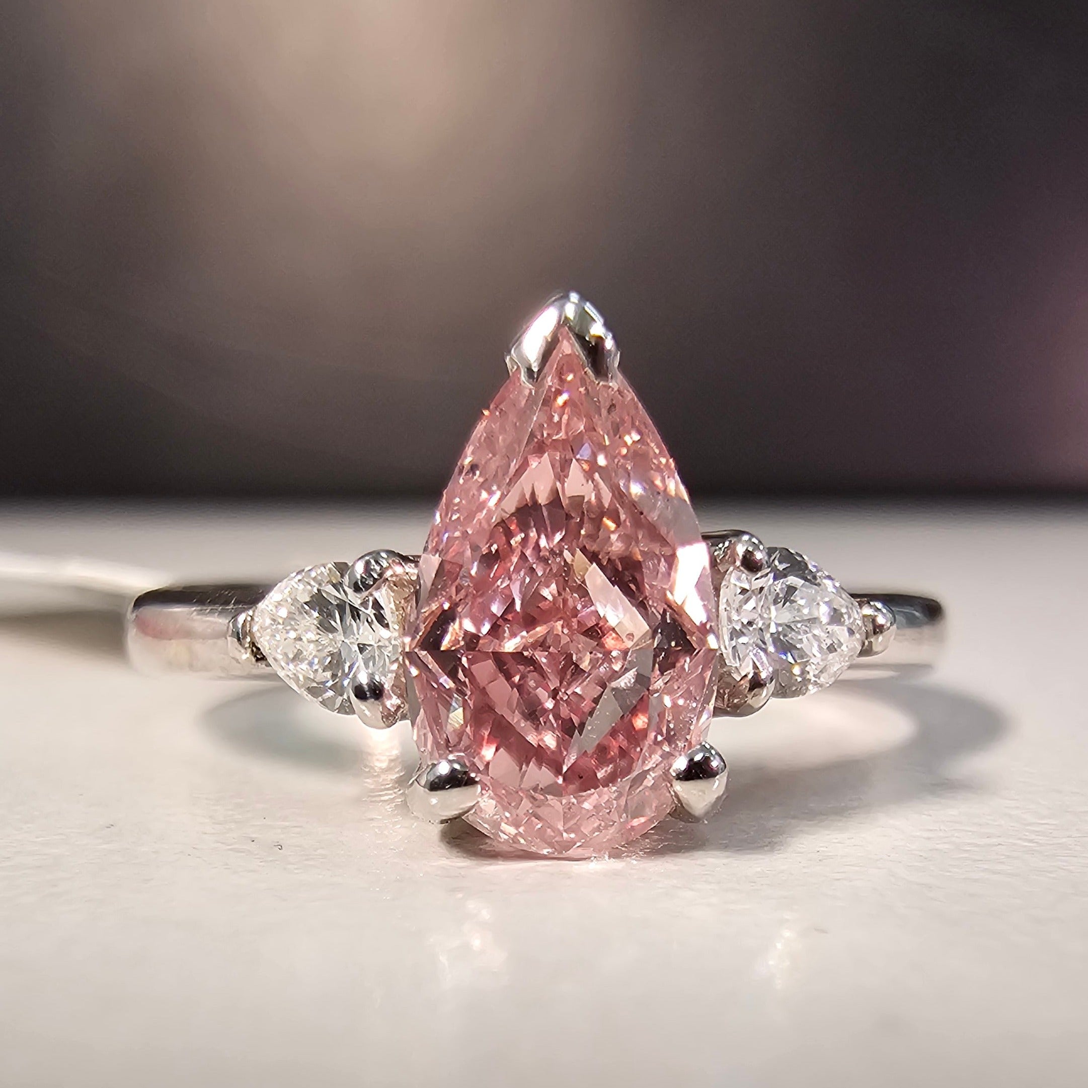 Trilliant cut pink diamond ring, tiara ring, pink diamond engagement ring, pink  engagement ring, triangle ring,white gold plated silver