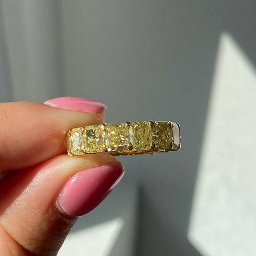 yellow diamonds, yellow diamond ring, yellow diamond eternity band, yellow diamond jewelry, canary yellow diamonds, cushion eternity band