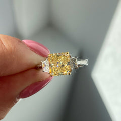 yellow diamond three stone ring, three stone engagement ring, yellow diamond ring