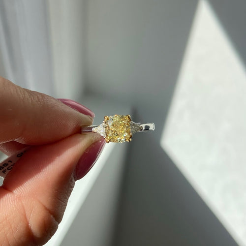 yellow diamond three stone ring, three stone engagement ring, yellow diamond ring