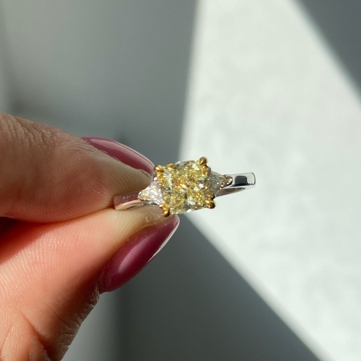 yellow diamond three stone ring, three stone engagement ring, yellow diamond ring