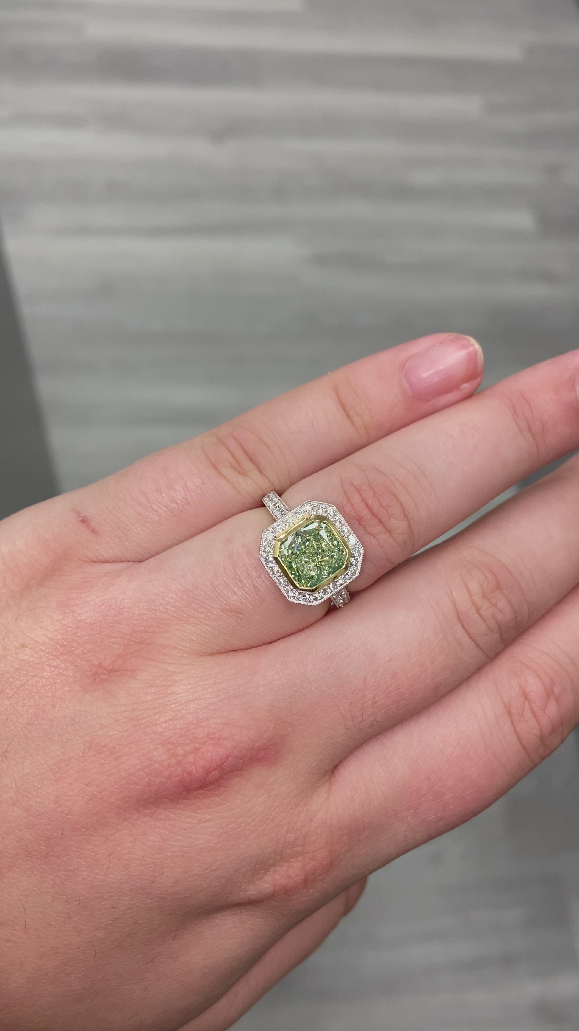 green diamond ring, radiant cut diamond ring, halo diamond ring, green diamond ring, green radiant cut diamond
