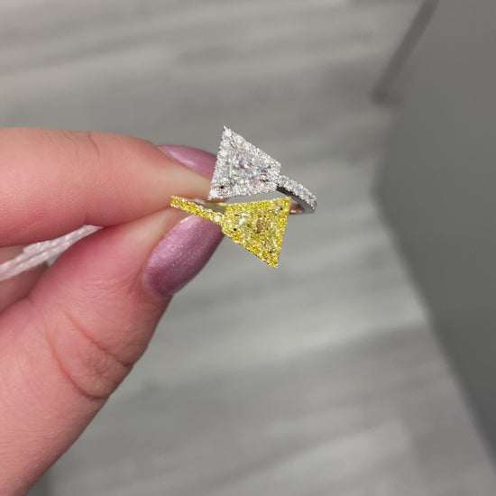 yellow diamond ring. 2 stone ring. two stone ring. unique yellow diamond ring
