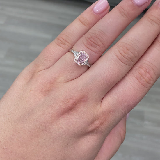 Pink Diamonds. Pink Diamond engagement rings. pink diamond ring. Light pink diamond rings. Long radiant pink diamond ring. Long Radiant. Rare colors pink diamonds. rare colors