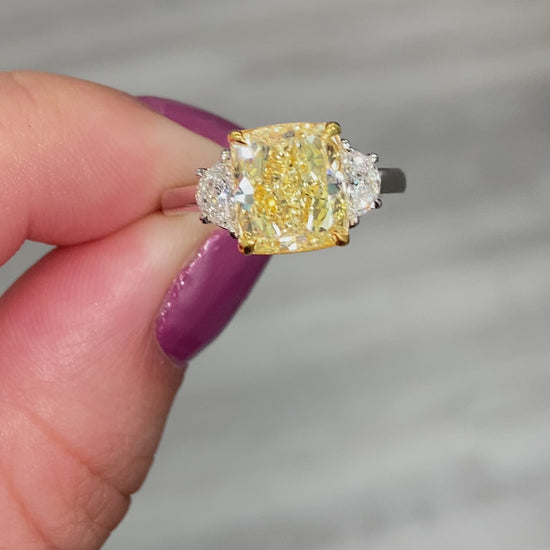 Fancy yellow diamond ring. Yellow diamond engagement ring. Canary diamond ring. Cushion cut engagement ring. Fancy yellow diamond. Yellow diamond 3 stone ring. Fancy yellow. Cushion diamond ring 