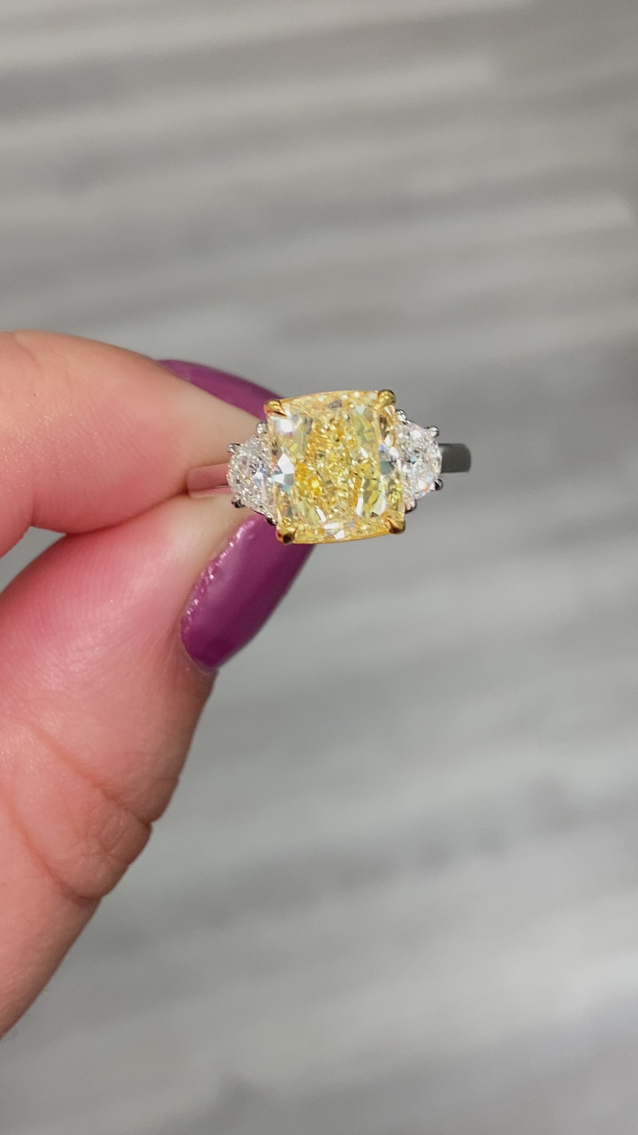 Fancy yellow diamond ring. Yellow diamond engagement ring. Canary diamond ring. Cushion cut engagement ring. Fancy yellow diamond. Yellow diamond 3 stone ring. Fancy yellow. Cushion diamond ring 