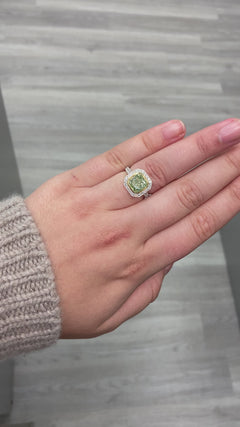 green diamond ring, radiant cut diamond ring, halo diamond ring, green diamond ring, green radiant cut diamond