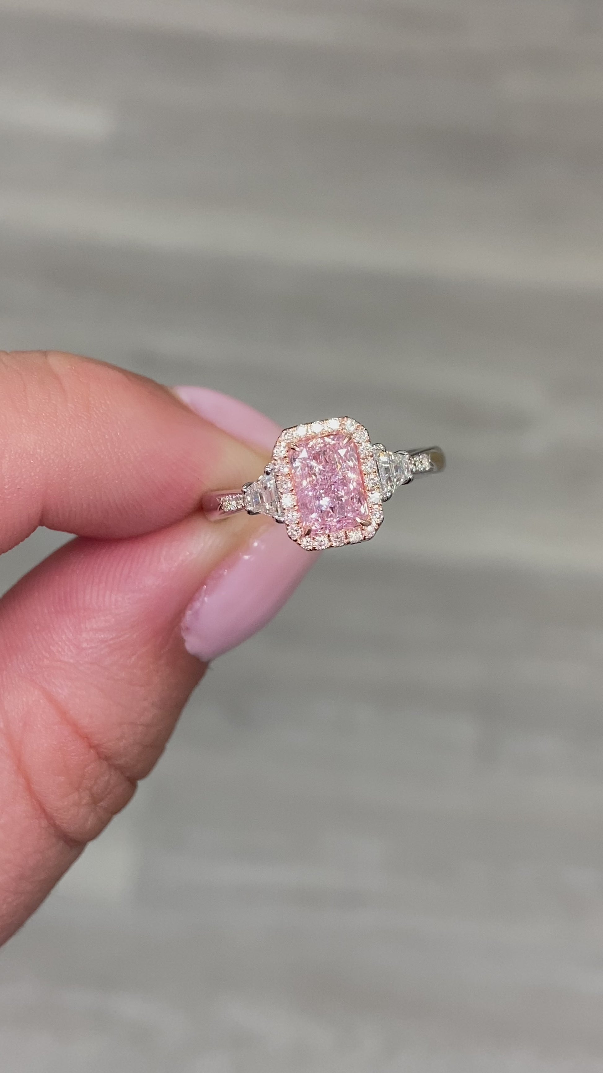 Pink Diamonds. Pink Diamond engagement rings. pink diamond ring. Light pink diamond rings. Long radiant pink diamond ring. Long Radiant. Rare colors pink diamonds. rare colors