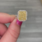 9 carat yellow diamond ring. Diamond ring set with a halo. Yellow diamond engagement ring. Yellow diamond wedding ring. Yellow diamond radiant. Yellow diamond ring.