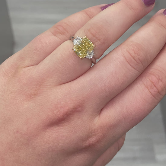 Fancy yellow diamond ring. Yellow diamond engagement ring. Canary diamond ring. Radiant cut engagement ring. Fancy yellow diamond. Yellow diamond 3 stone ring. Fancy yellow radiant