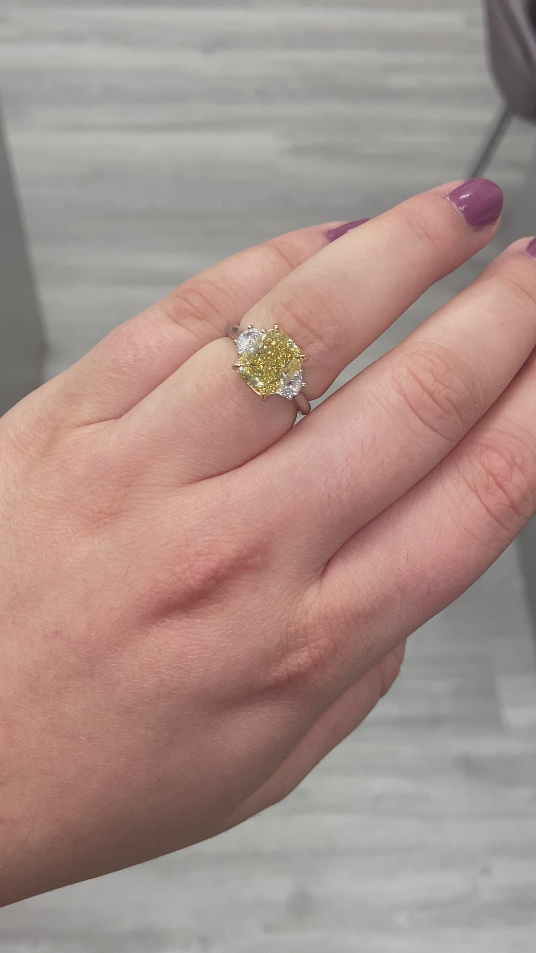 Fancy yellow diamond ring. Yellow diamond engagement ring. Canary diamond ring. Radiant cut engagement ring. Fancy yellow diamond. Yellow diamond 3 stone ring. Fancy yellow radiant