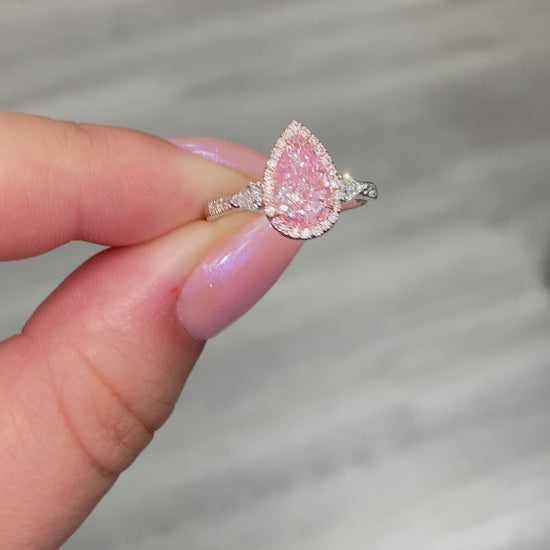 Pink pear shape diamond, pink diamond ring, pink diamond engagement ring, pear shape diamond, natural pink diamond, halo engagement ring, bubblegum pink diamond