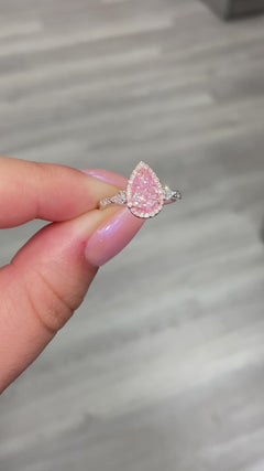 Pink pear shape diamond, pink diamond ring, pink diamond engagement ring, pear shape diamond, natural pink diamond, halo engagement ring, bubblegum pink diamond