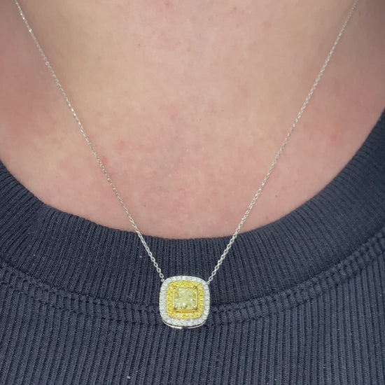yellow diamond necklace. yellow diamond pendant. yellow cushion diamond