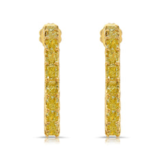 Yellow diamond hoops. Diamond hoop earrings. Yellow diamond earrings. Yellow diamond jewelry. Yellow diamond radiant cut.