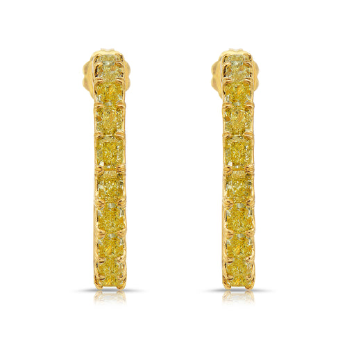 Yellow diamond hoops. Diamond hoop earrings. Yellow diamond earrings. Yellow diamond jewelry. Yellow diamond radiant cut.