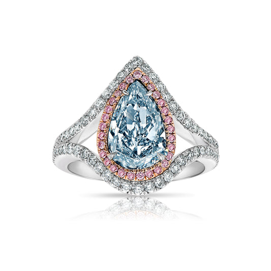 2 carat natural blue pear shape diamond ring set with pink and white diamonds