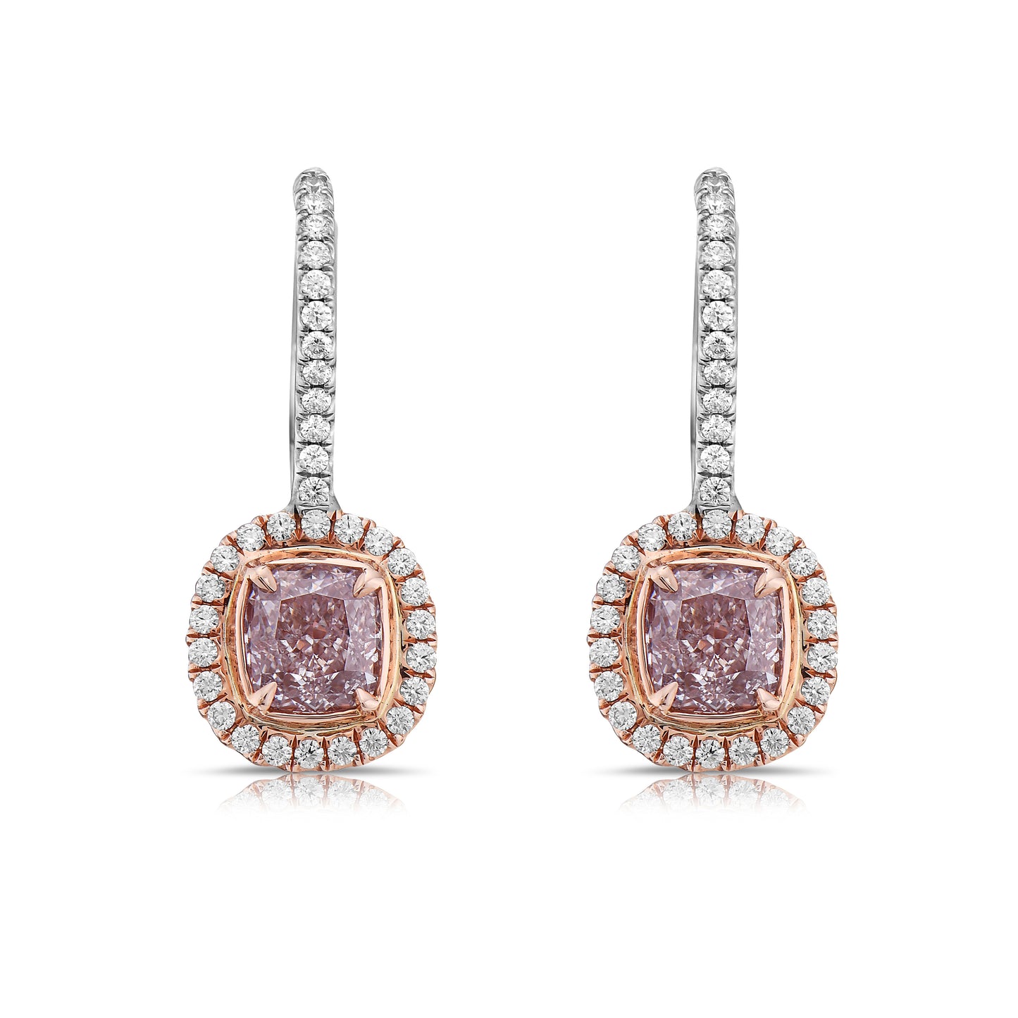 Light pink diamond cushion earrings. Natural pink diamonds. Gia certified pink diamonds. Pink diamond earrings. Pink diamond jewelry. Fancy pink diamonds.