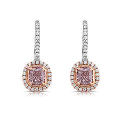 Light pink diamond cushion earrings. Natural pink diamonds. Gia certified pink diamonds. Pink diamond earrings. Pink diamond jewelry. Fancy pink diamonds.