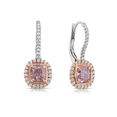 Light pink diamond cushion earrings. Natural pink diamonds. Gia certified pink diamonds. Pink diamond earrings. Pink diamond jewelry. Fancy pink diamonds.