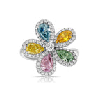 Unique flower-shaped ring featuring a vibrant array of GIA-certified multicolor diamonds.