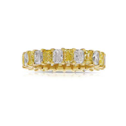 Alternating Fancy Yellow and White Diamond Eternity Band. elongated radiant diamonds.