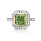 Unique green diamond ring, radiant cut diamond ring, halo diamond ring, green diamond ring, green radiant cut diamond.