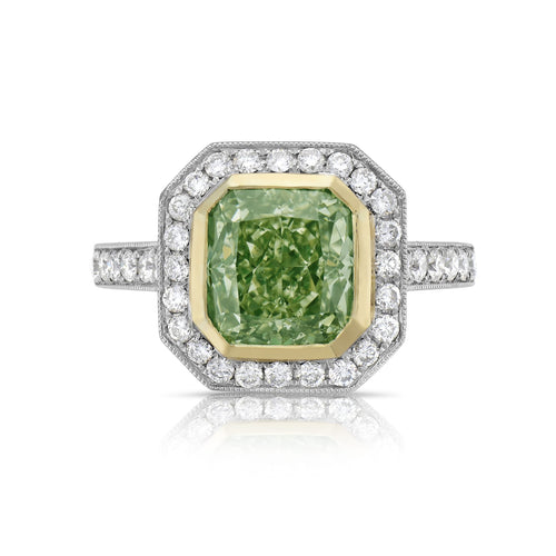 Unique green diamond ring, radiant cut diamond ring, halo diamond ring, green diamond ring, green radiant cut diamond.