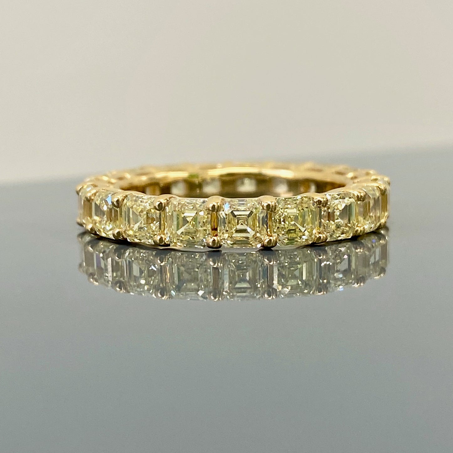 fancy yellow asscher cut diamond eternity band. yellow asscher cut diamonds. Diamond eternity ring. Diamond wedding band, 