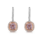 Light pink diamond cushion earrings. Natural pink diamonds. Gia certified pink diamonds. Pink diamond earrings. Pink diamond jewelry. Fancy pink diamonds.