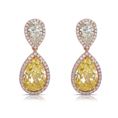 Fancy yellow diamond pear shape earrings.  yellow diamond drop earrings. diamond earrings.