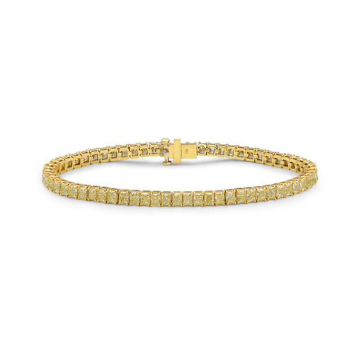 Fancy yellow diamond bracelet. Cushion diamond bracelet. Cushion tennis bracelet. Yellow diamond jewelry. Yellow tennis bracelet. Natural yellow diamonds.