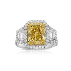 5 carat GIA Elongated Radiant Light Yellow Diamond Three-Stone Ring.