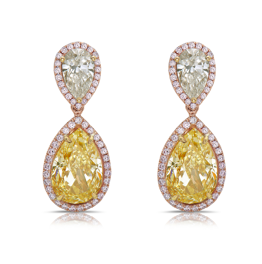 yellow diamond pear shape earrings.  yellow diamond drop earrings. diamond earrings.
