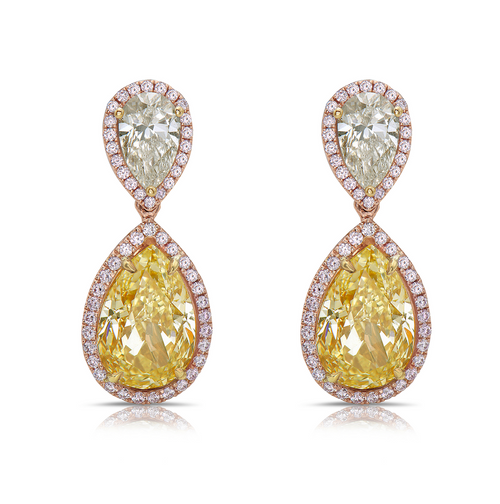 yellow diamond pear shape earrings.  yellow diamond drop earrings. diamond earrings.