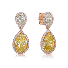 ar shape earrings.  yellow diamond drop earrings. diamond earrings.