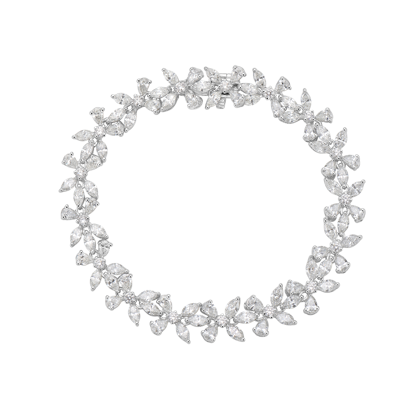 white diamond bracelet. tennis bracelet. floral diamond bracelet