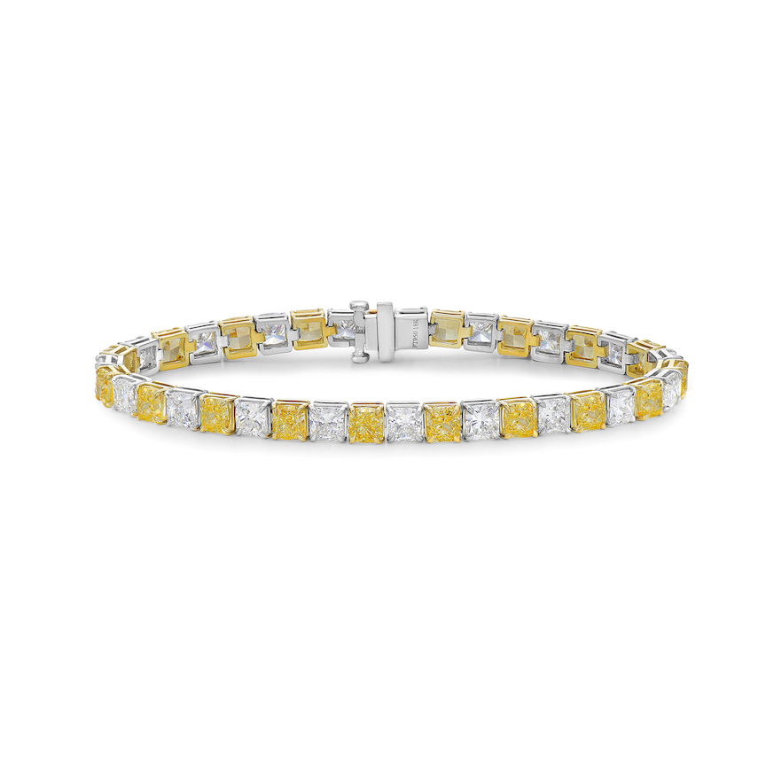yellow diamond bracelet. tennis bracelet. alternating diamond bracelet. yellow diamond cushions