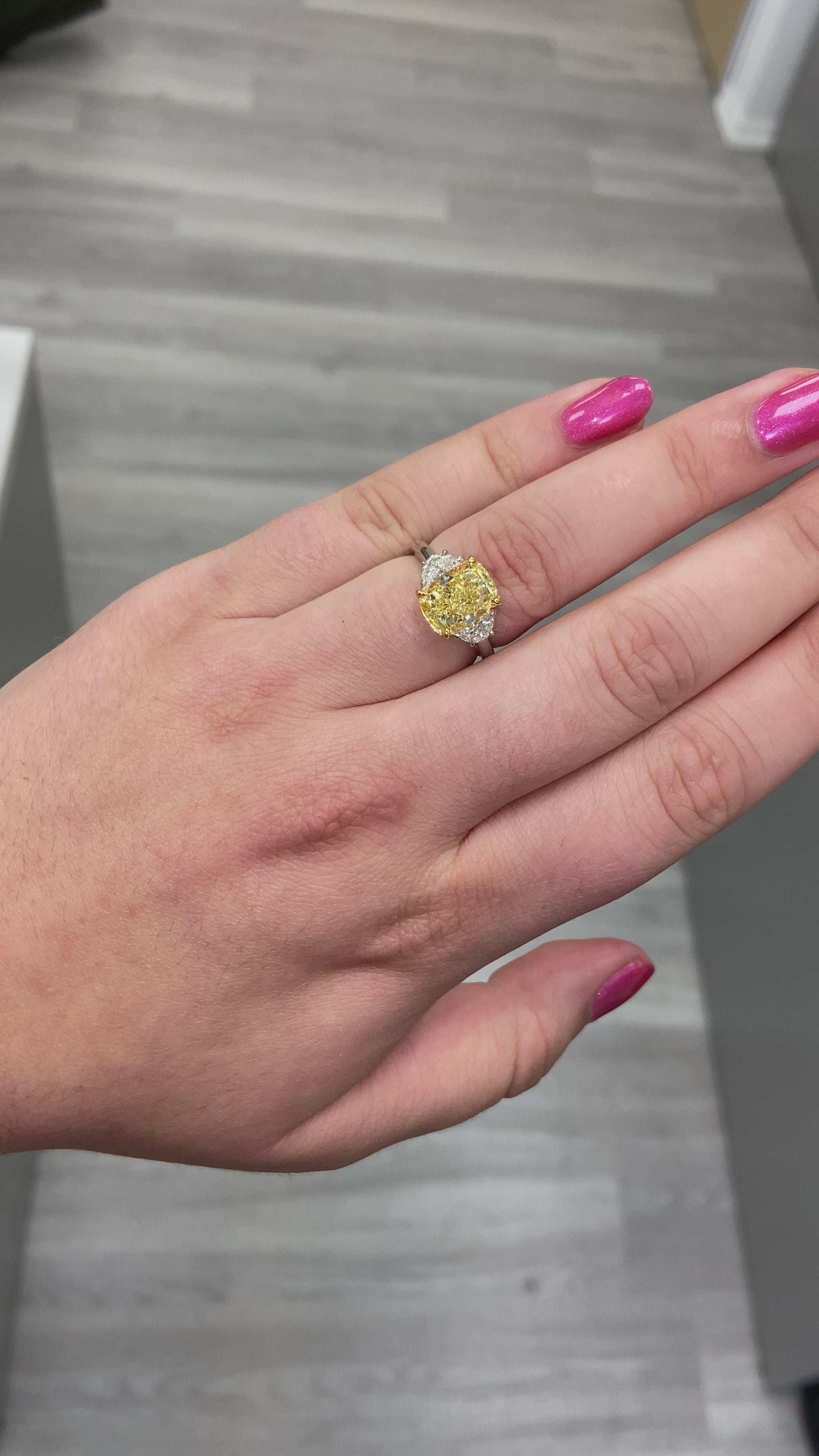 Fancy yellow diamond ring. Fancy yellow cushion cut diamond. Canary yellow diamond ring. Yellow diamond engagement ring. Canary engagement ring. Big yellow diamond ring. Gia certified yellow diamond ring.