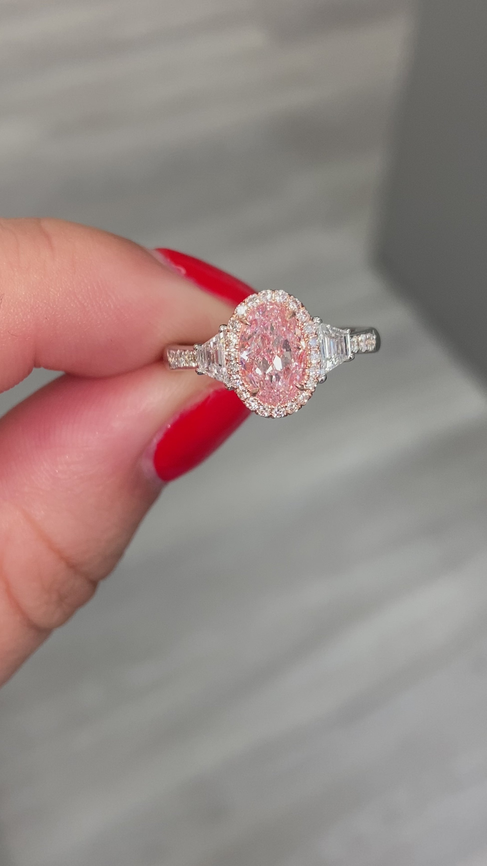 Pink diamond ring. pink diamond engagement ring. light pink diamonds. light pink oval diamond.  Unique engagement ring.