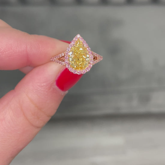 Gia certified yellow diamond. Yellow diamond engagement ring. Yellow diamond pear shape ring. Fancy pink diamonds. Simple halo diamond ring.