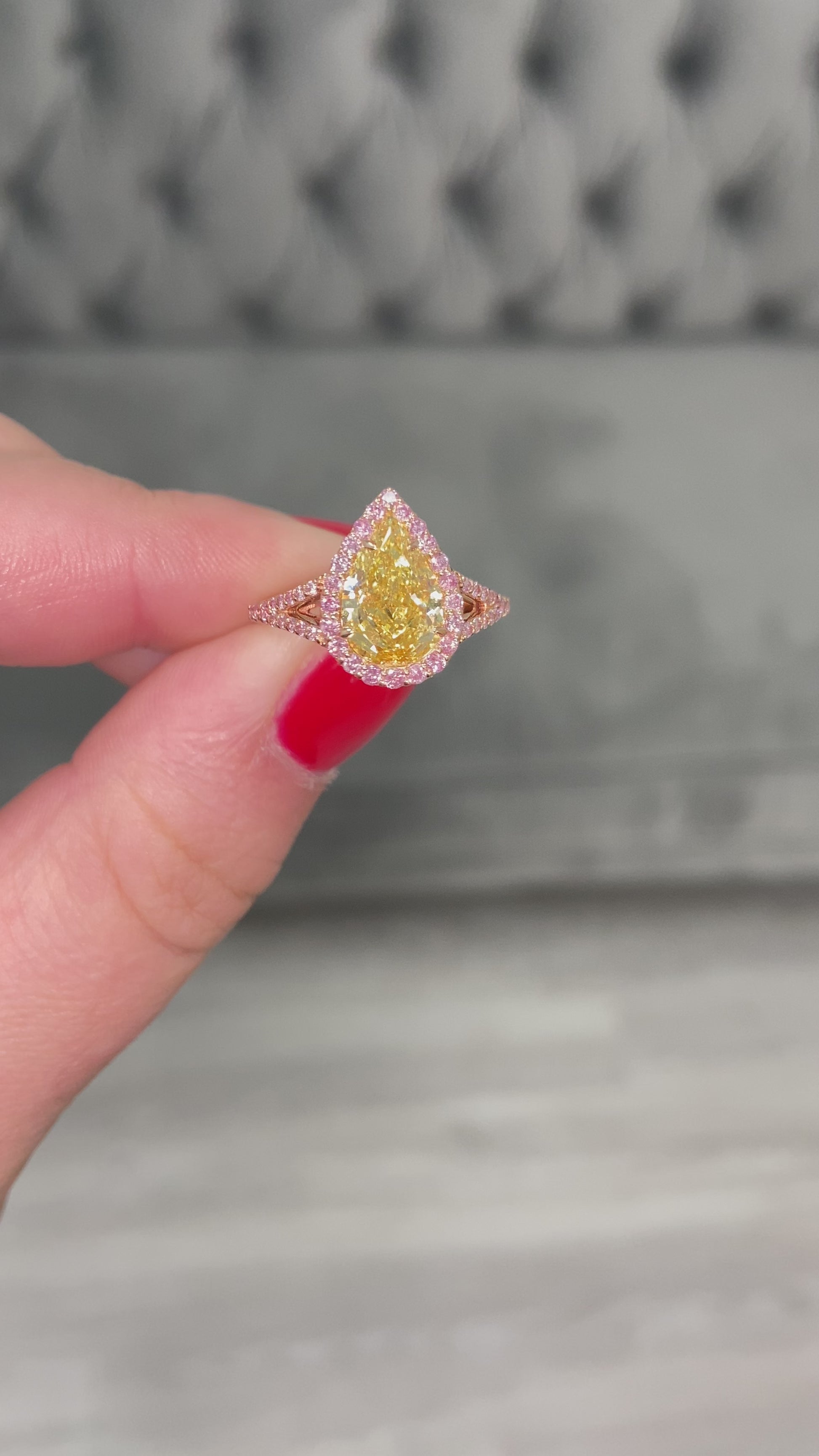 Gia certified yellow diamond. Yellow diamond engagement ring. Yellow diamond pear shape ring. Fancy pink diamonds. Simple halo diamond ring.
