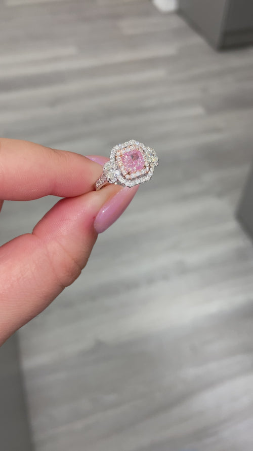 Pink diamond ring, radiant cut ring, natural pink diamond, pink radiant cut, pink diamond ring, natural pink diamond, three stone diamond ring