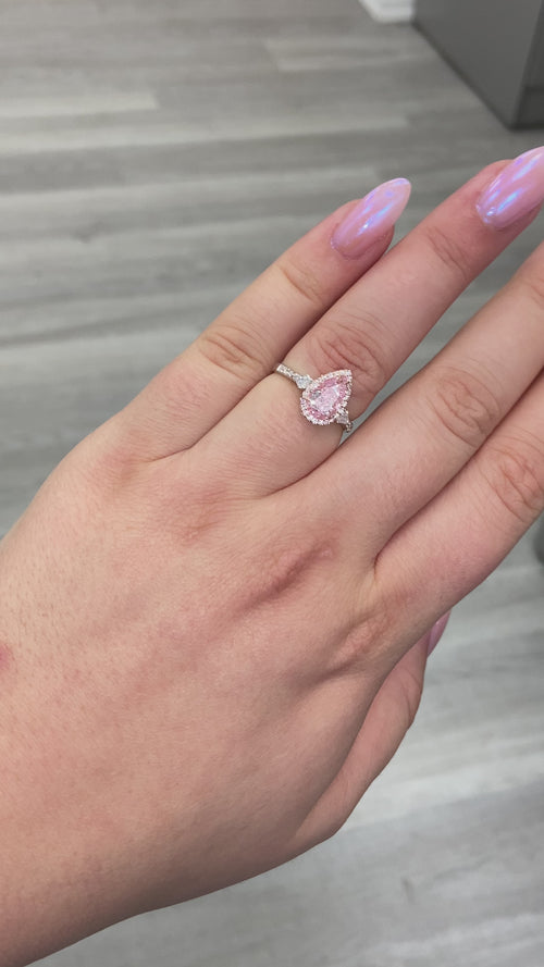 Pink pear shape diamond, pink diamond ring, pink diamond engagement ring, pear shape diamond, natural pink diamond, halo engagement ring, bubblegum pink diamond