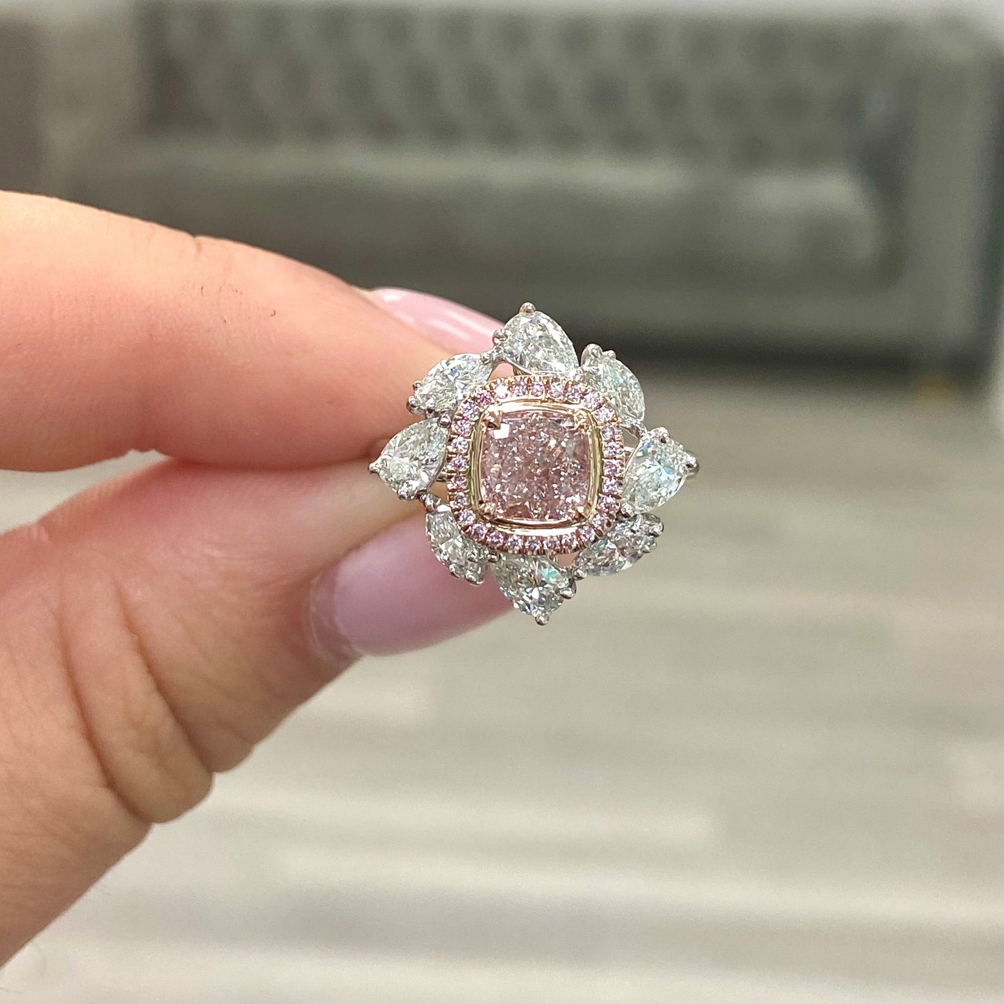 pink diamond ring. pink cushion ring. light pink cushion diamond