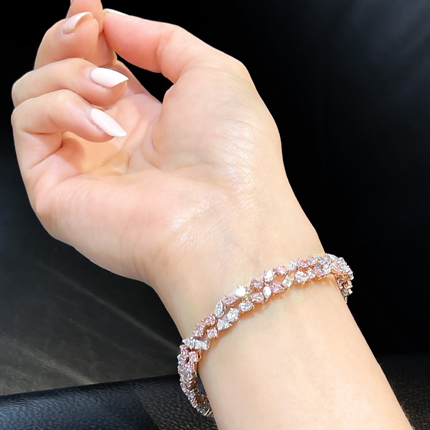 Pink diamond bracelet. pink diamond pear shape bracelet. Pink tennis bracelet. Natural pink diamond bracelet. Multi row pink diamond bracelet. Pink diamond jewelry 
