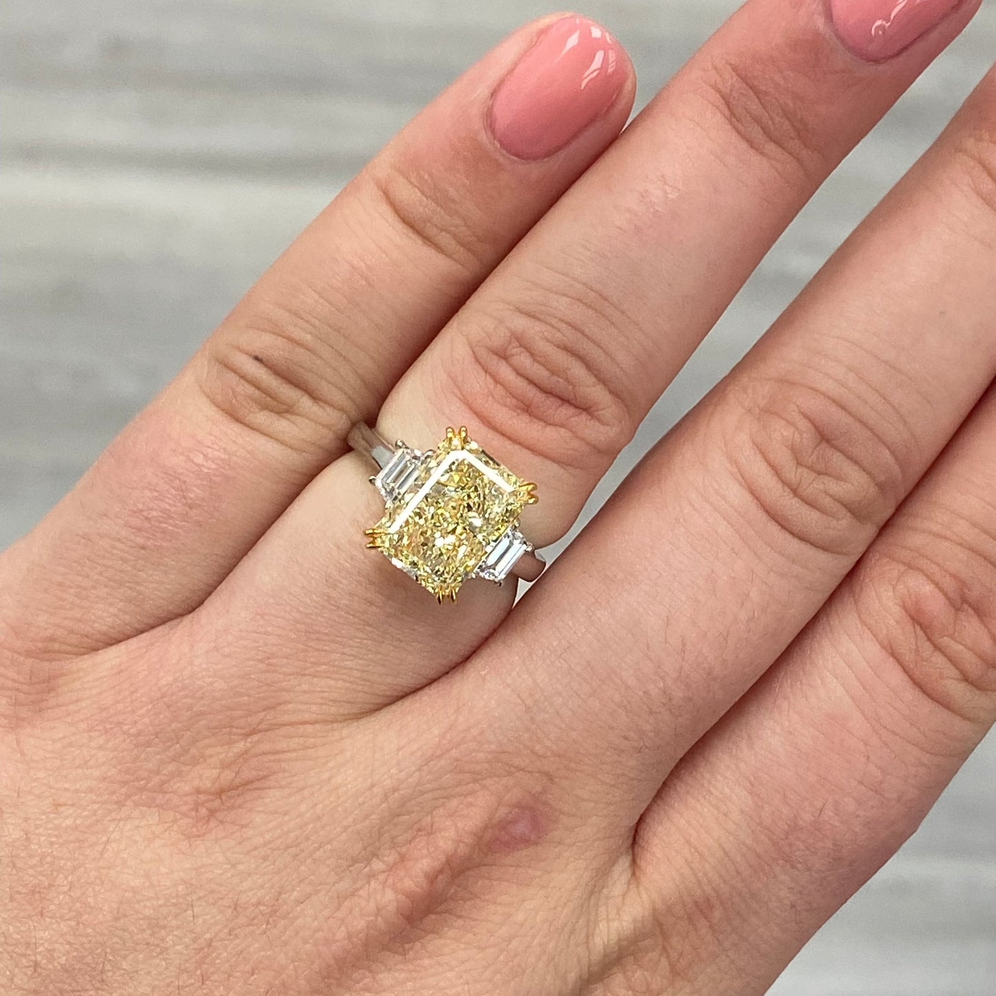 Elongated Radiant yellow diamond ring. Long Radiant Yellow Diamond