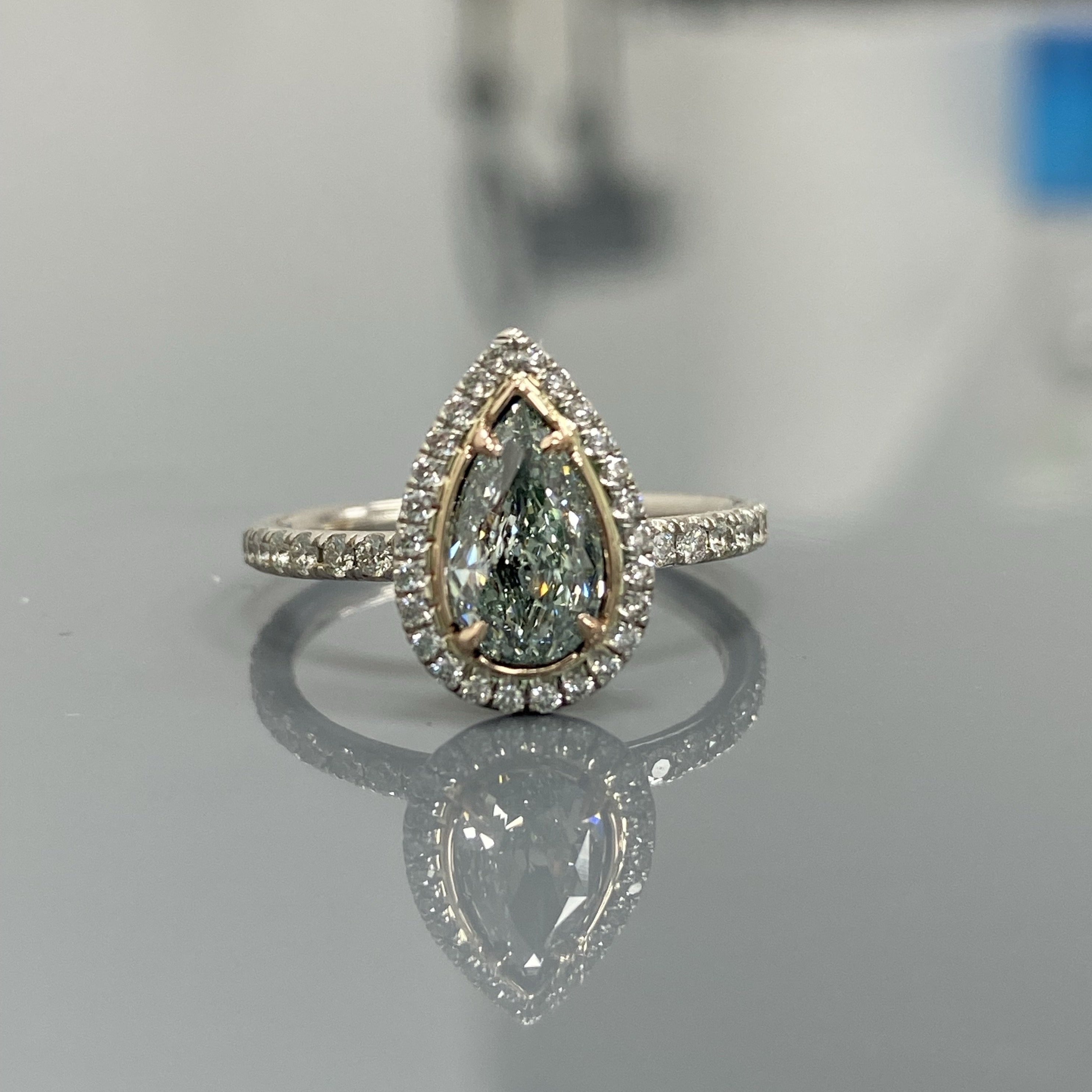 1.00ct GIA Fancy Light Green Pear Diamond Ring