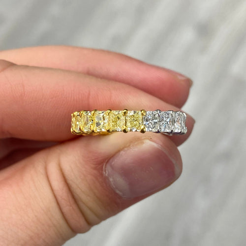 Wear two ways diamond eternity band. Undecided eternity ring. Diamond eternity ring. Fancy yellow and white alternating eternity band. Alternating diamond ring.